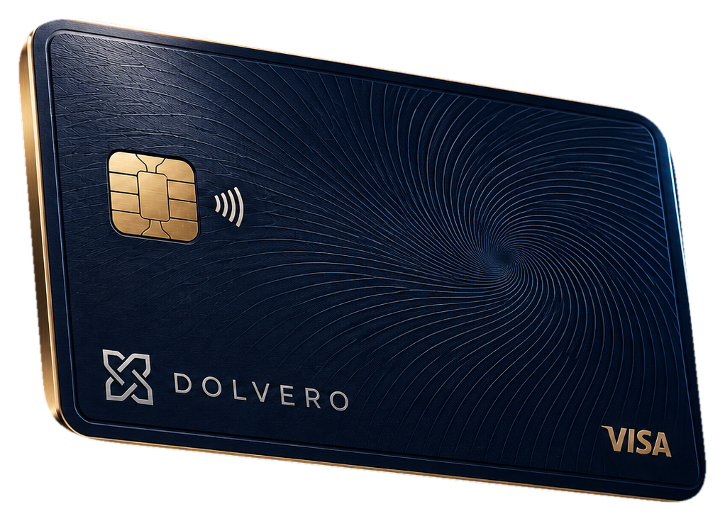 Výplatní karta Dolvero — tmavě modrá kovová karta Visa se zlatým okrajem